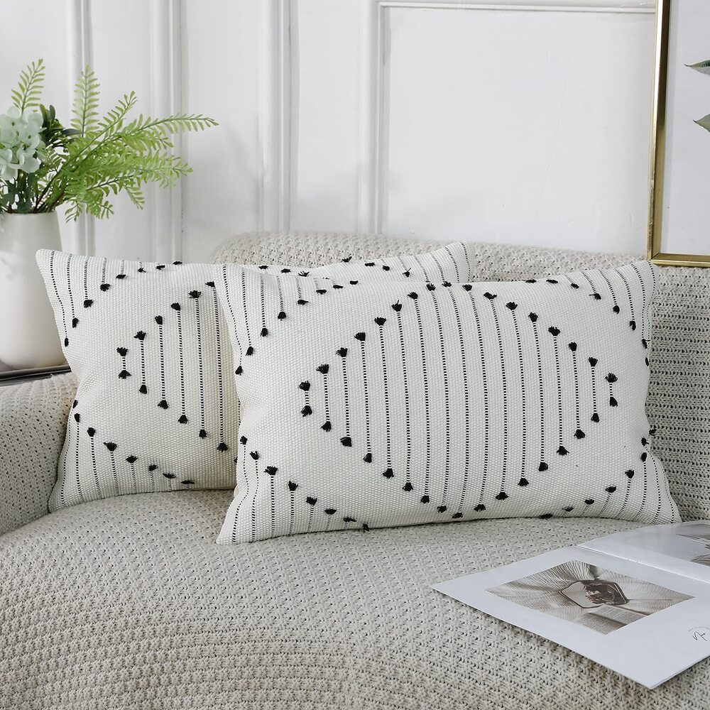 5978 Set of 2 Boho Tufted Throw Pillow Covers with Tassel 12x20 inch